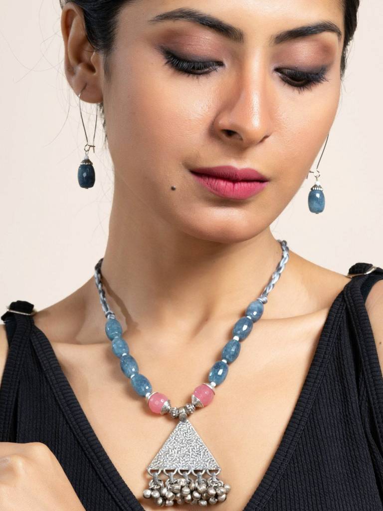 Handmade Semi Precious Pink Grey Onyx Jade With German Silver Tribal Pendant Necklace Set With Matching Earrings And : LAANP90