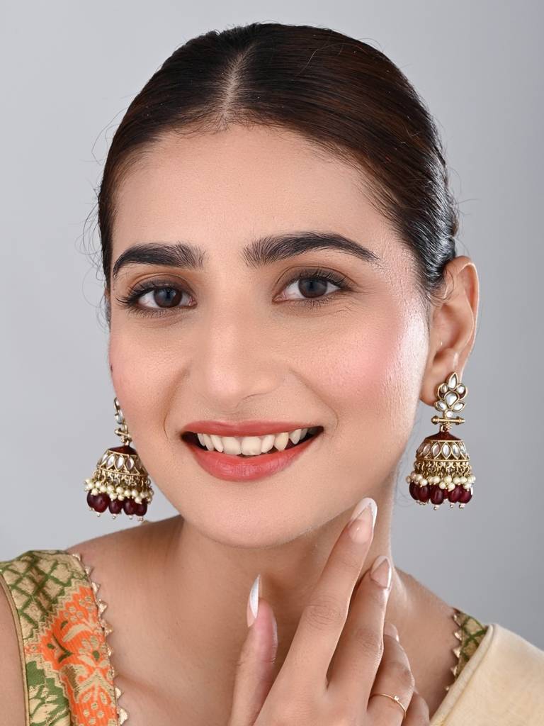 Gold Plated Kundan & Meenakari Jhumka Earrings : S24FAER411RED
