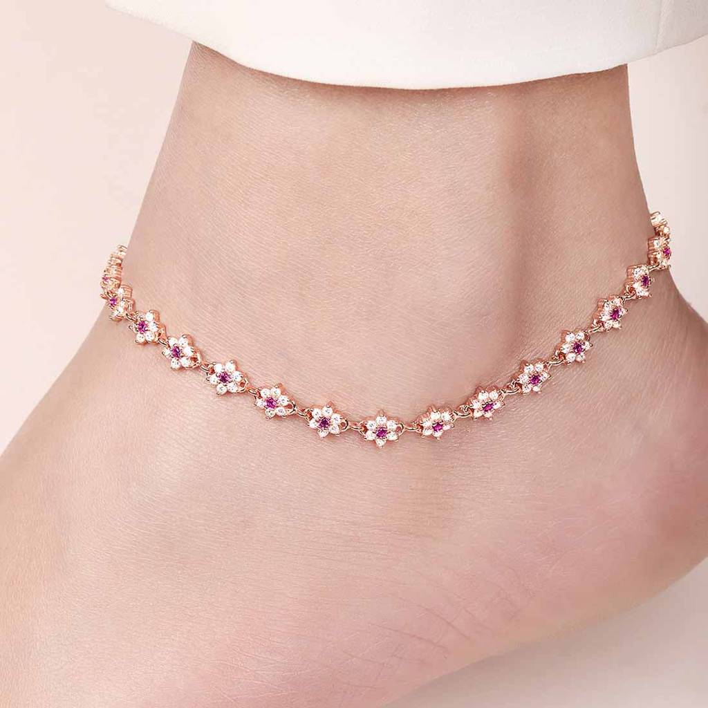 Floral Cubic Zirconia Rose Gold Plated 925 Sterling Silver Women'S Anklet : ANK-60331-PAIR-RG