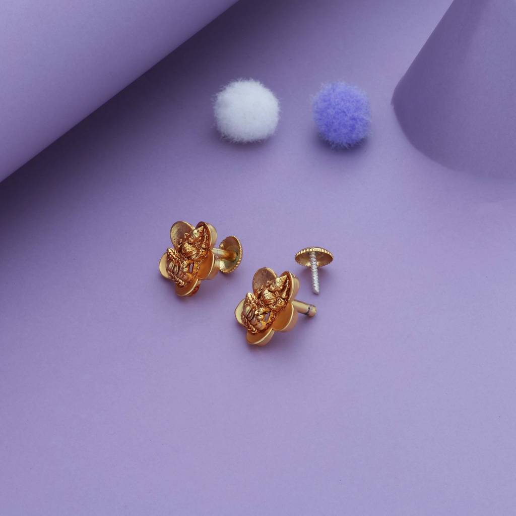 Floral Lakshmi Design Gold Polish 925 Silver Kid Earring : KE-KS-GO-V-227-P