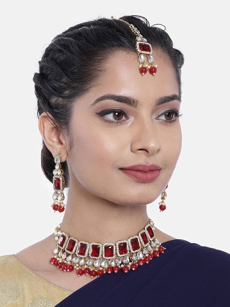 Peora Gold Plated Traditional Kundan Choker Necklace Jewellery Set With Dangle Earring Maang Tikka For Women Girls : PF24N2944M