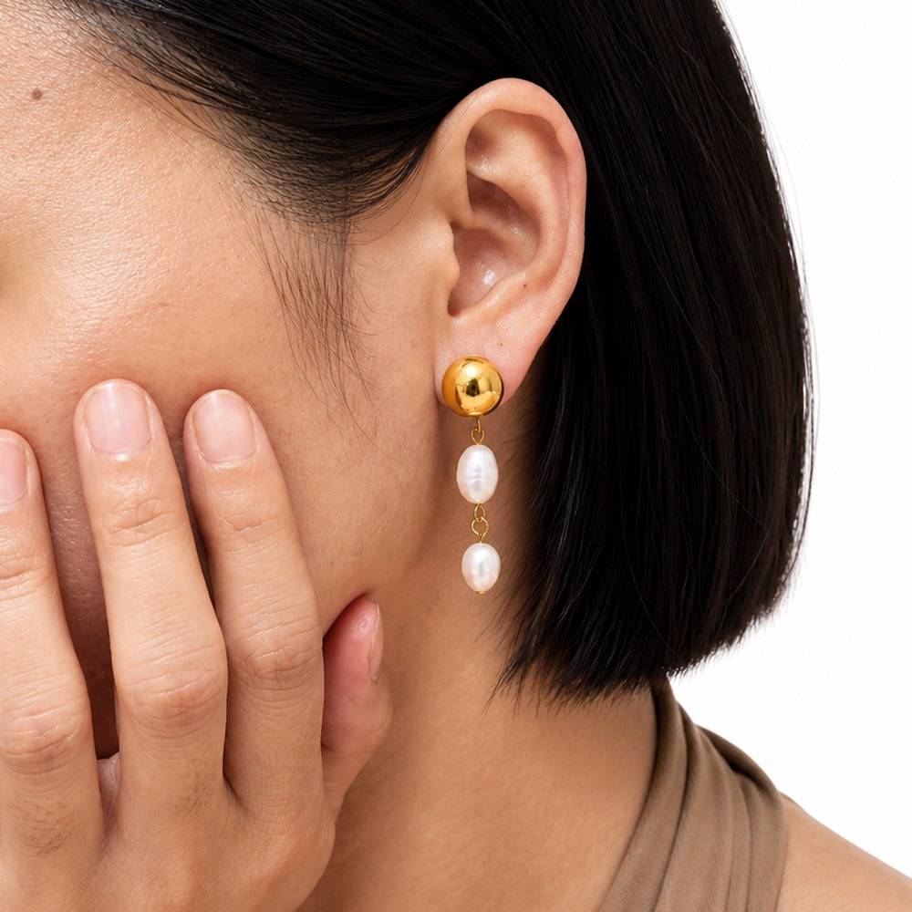 Women 18K Gold-Plated Metallic Dome Studs With Natural Baroque Pearl Linear Drops : 101144