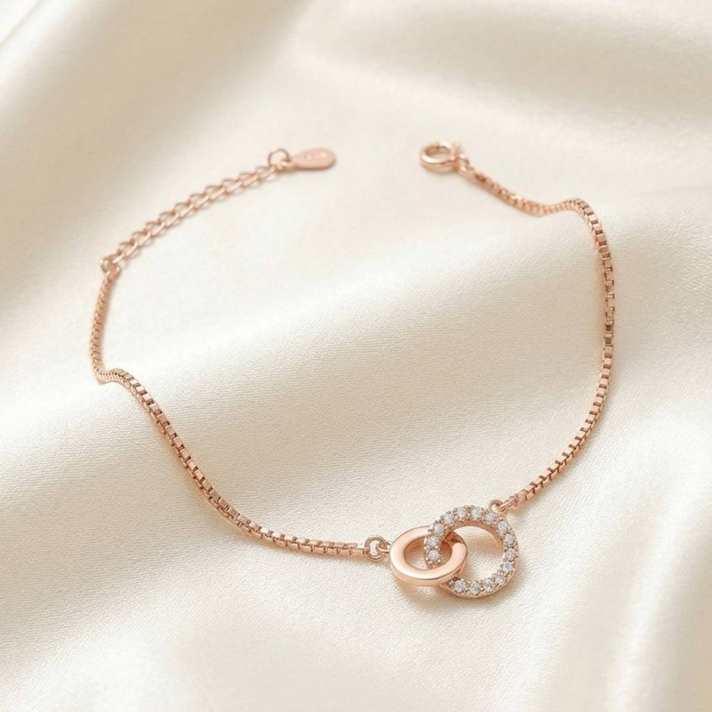 Rose Gold Plated Interlocking Circles Box Chain Bracelet : BR1143