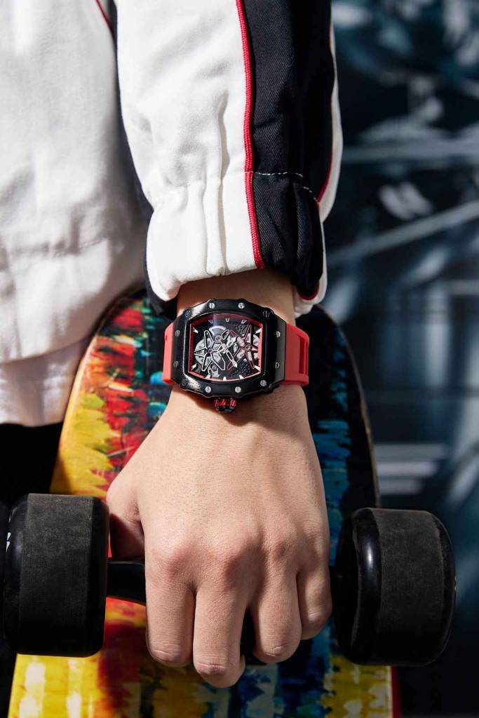 Giordano Analog Skeleton Dial Watch For Men Â Tonneau Case, Silicone Strap, Open-Gear Sport Design, Quartz Mov : GZ-50188-66