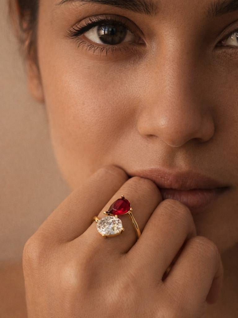 Red Ruby & White Cz Open Adjustable Gold Ring For Women : ATR853RMOS