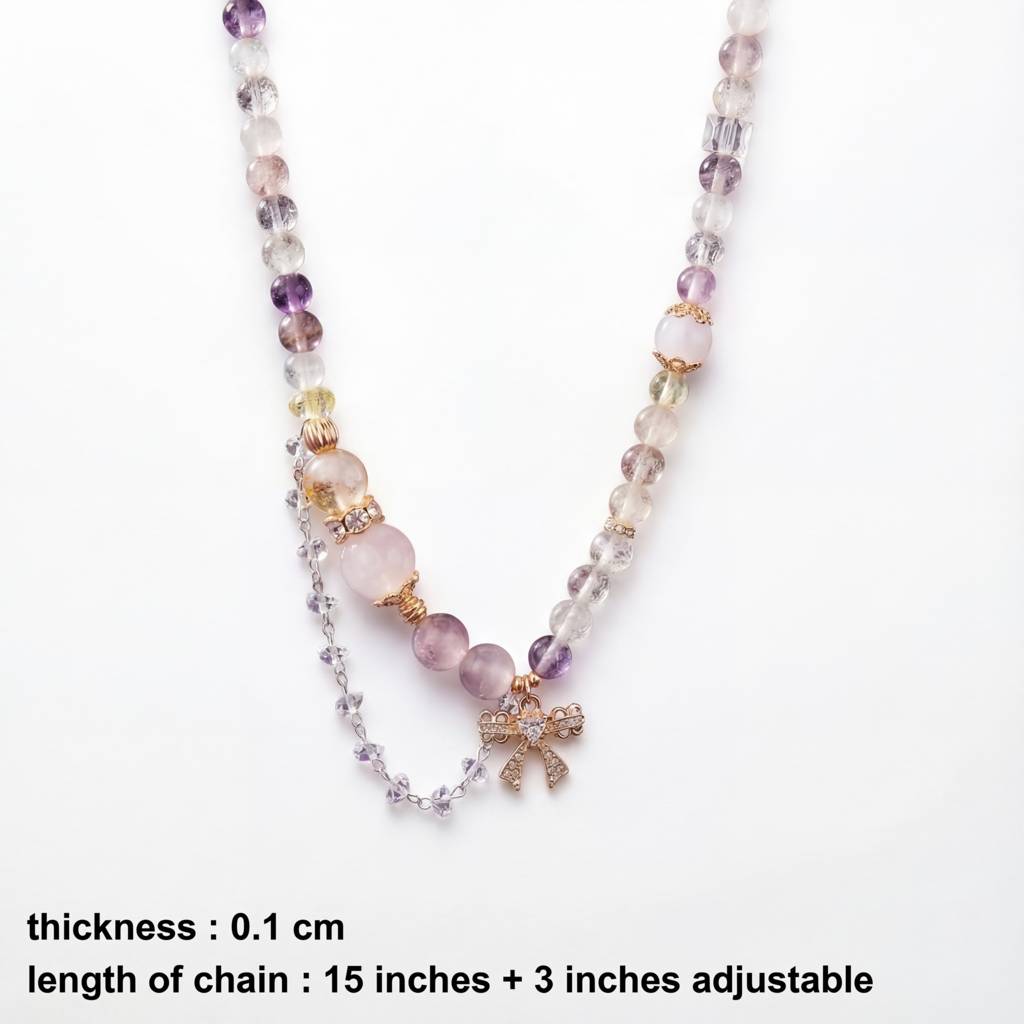 Korean Whimsical Bow & Mixed Quartz Beaded Necklace : YUFSNL256