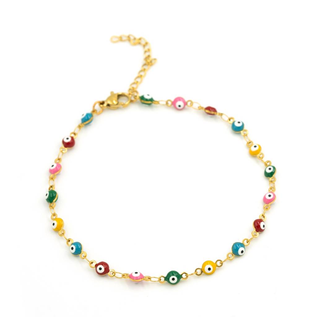 Gold Plated Multicolor Evil Eye Beads Anti Tarnish Anklet For Women : HSPS60MB0998