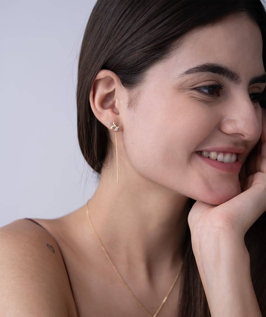 18K Gold Vermeil Leaf Drop Threader Earrings : KET0003-Gold