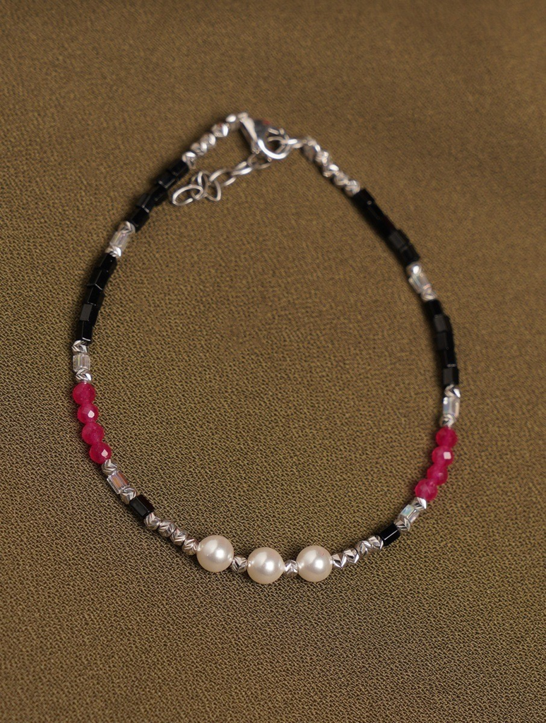 925 Sterling Silver Pearl Accent Beaded Bracelet : ARSBR174