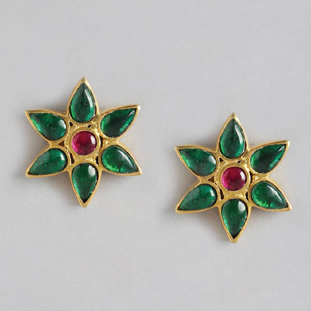 92.5 Silver Green Kundan Flower Stud Earrings : 92.5 Silver Green Kundan Flower Stud Earrings : 92.5 Silver Green Kundan