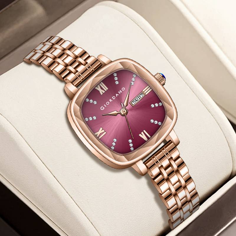 Giordano Elegant Square Rose Gold Watch For Women Â Crystal & Roman Hour Markers, Day-Date Display, Stainless  : GZ-60097-11