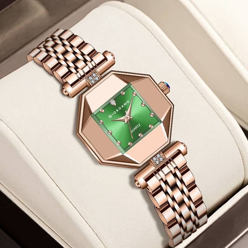 Giordano Dress Watch For Women Â Rose Gold Finish, Diamond Accented Octagonal Dial & Stainless Steel Strap-Gz- : GZ-60096-33