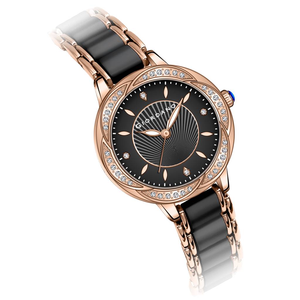 Giordano Flower Case Watch For Women With Crystal-Studded Bezel, Diamond Hour Markers & Dual Tone Stainless Stra : GZ-60095-11