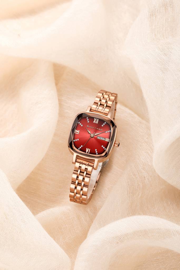 Giordano Elegant Square Rose Gold Watch For Women Â Crystal & Roman Hour Markers, Day-Date Display, Stainless  : GZ-60097-44