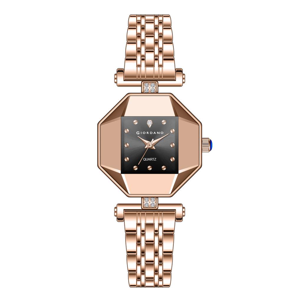 Giordano Dress Watch For Women Â Rose Gold Finish, Diamond Accented Octagonal Dial & Stainless Steel Strap-Gz- : GZ-60096-11