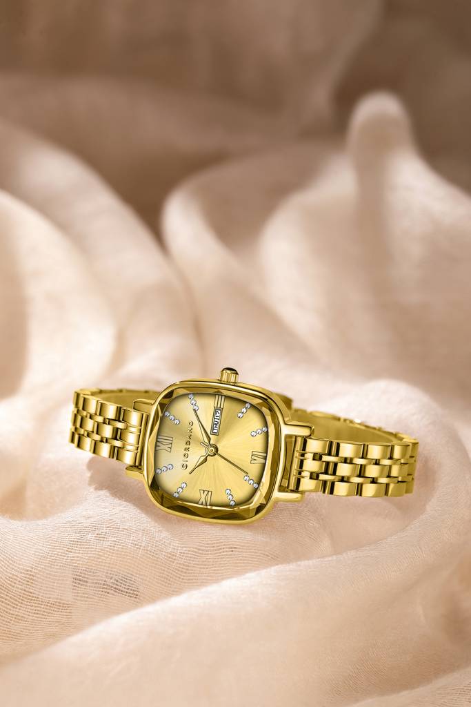 Giordano Elegant Square Rose Gold Watch For Women Â Crystal & Roman Hour Markers, Day-Date Display, Stainless  : GZ-60097-77