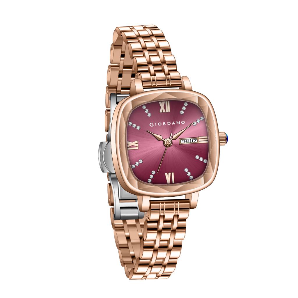 Giordano Elegant Square Rose Gold Watch For Women Â Crystal & Roman Hour Markers, Day-Date Display, Stainless  : GZ-60097-11