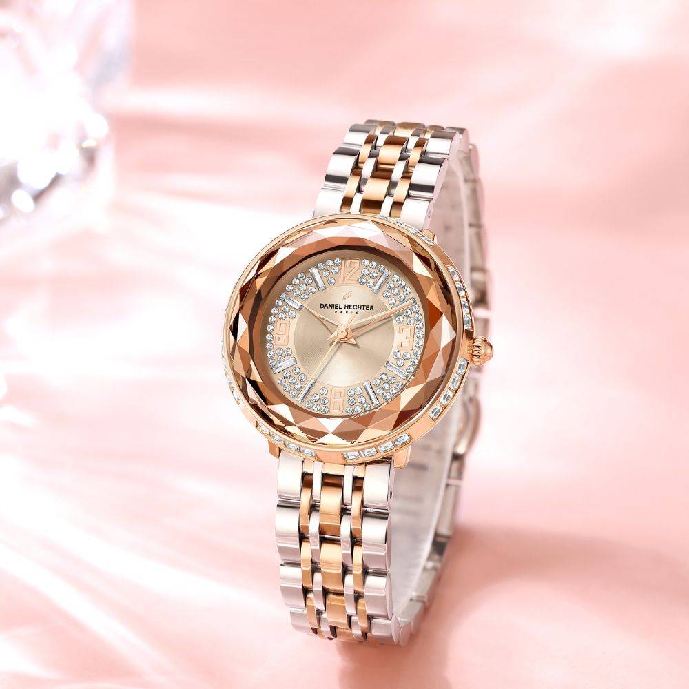 Daniel Hechter Paris Palais-Royal Collection Unique Analoge Watch For Women Withdiamond Cut Glass Dial And Stainl : DHW2003-44