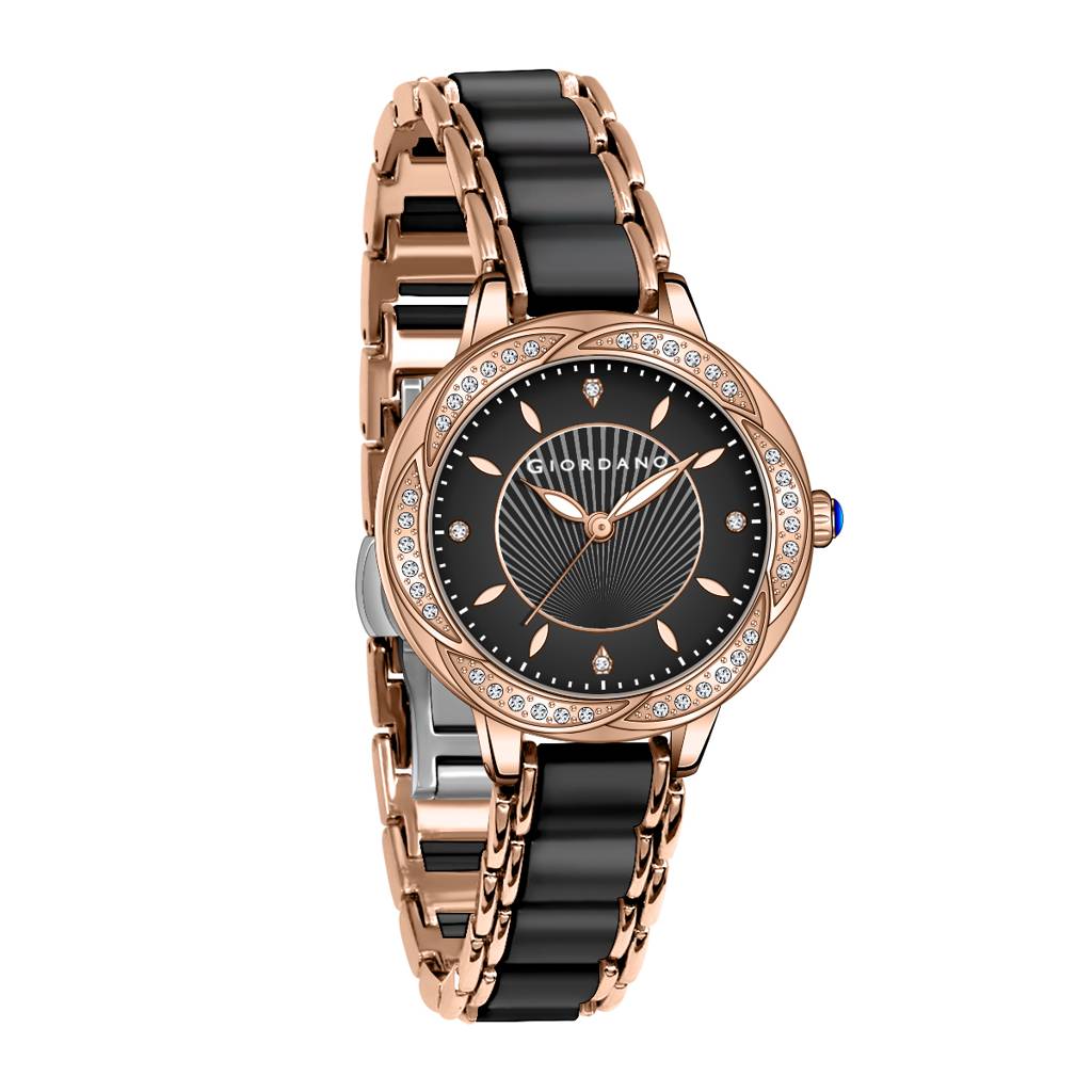 Giordano Flower Case Watch For Women With Crystal-Studded Bezel, Diamond Hour Markers & Dual Tone Stainless Stra : GZ-60095-11