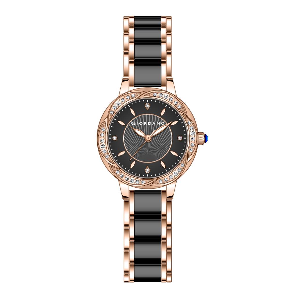 Giordano Flower Case Watch For Women With Crystal-Studded Bezel, Diamond Hour Markers & Dual Tone Stainless Stra : GZ-60095-11