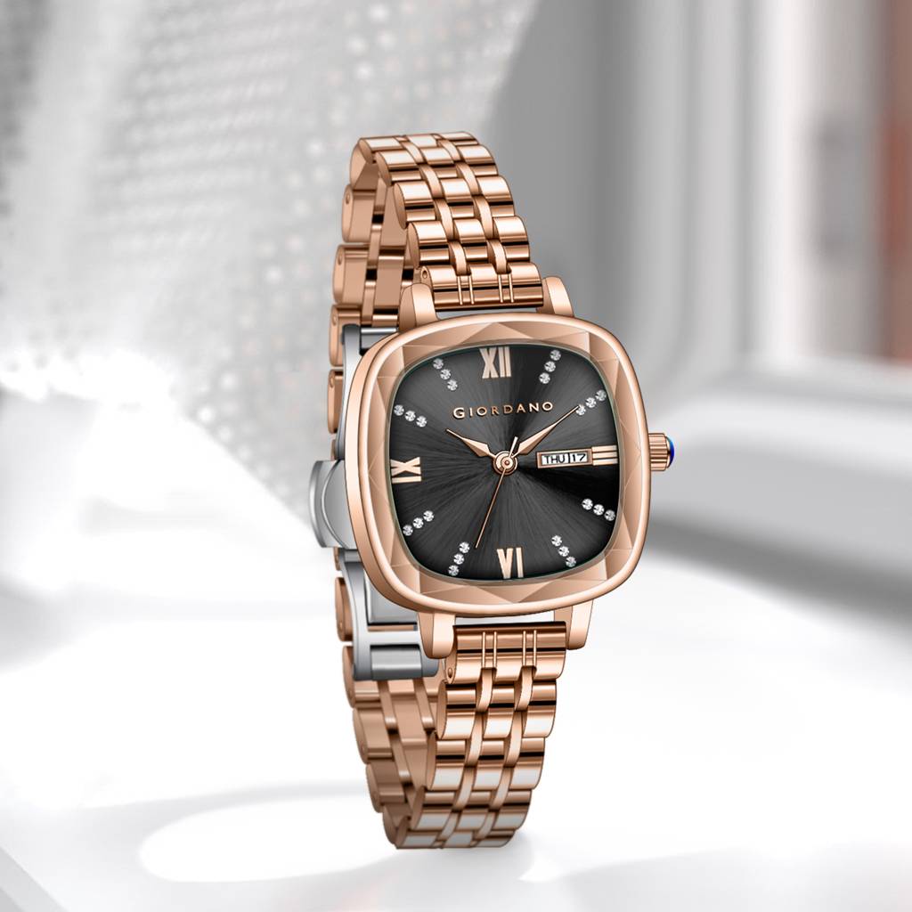 Giordano Elegant Square Rose Gold Watch For Women Â Crystal & Roman Hour Markers, Day-Date Display, Stainless  : GZ-60097-66