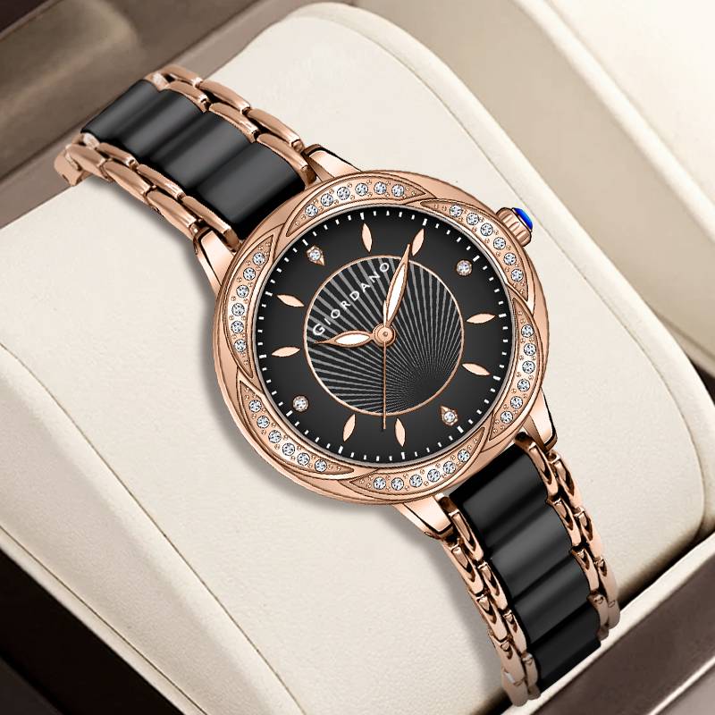 Giordano Flower Case Watch For Women With Crystal-Studded Bezel, Diamond Hour Markers & Dual Tone Stainless Stra : GZ-60095-11