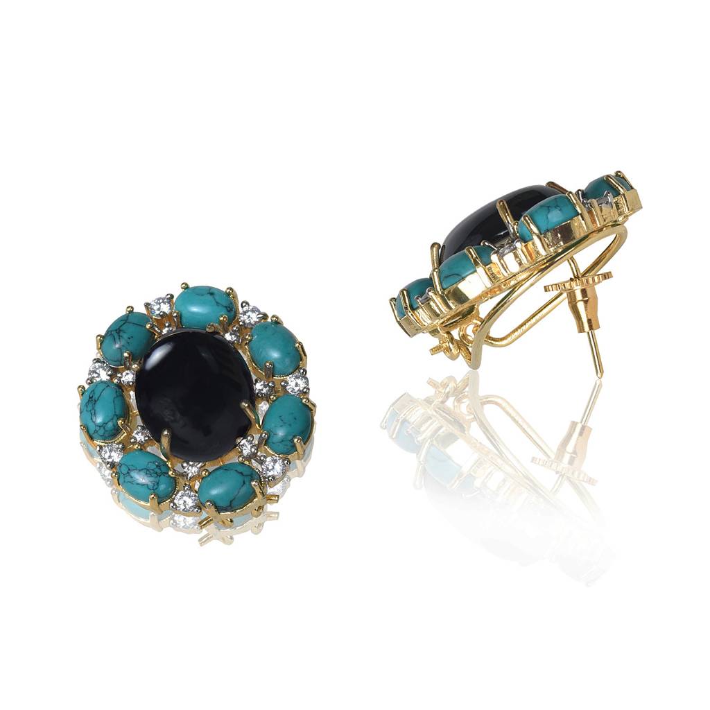 Turquoise And Black Onyx Tops Earrings