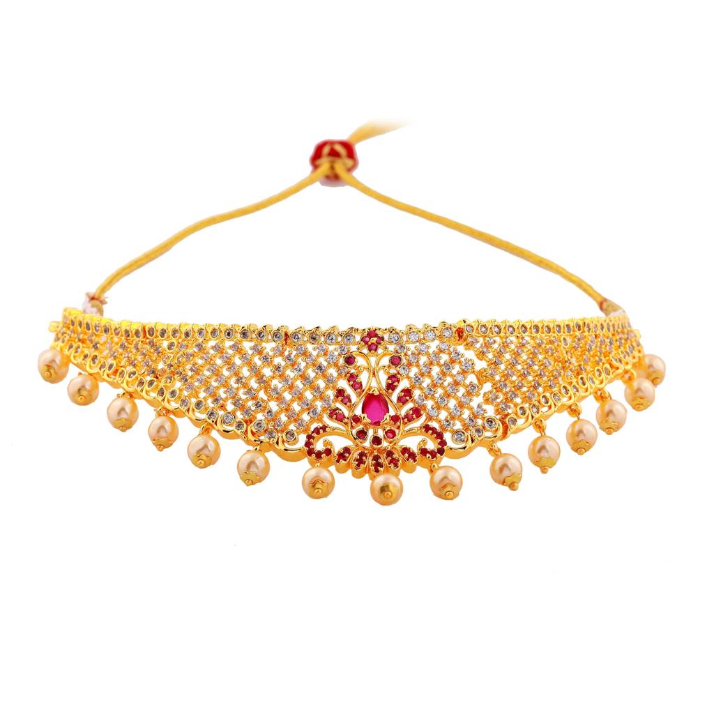Estele Gold Plated Cz Traditional Bridal Choker Set With Pearls & Ruby Crystals For Women : AD-544C-IGNKER
