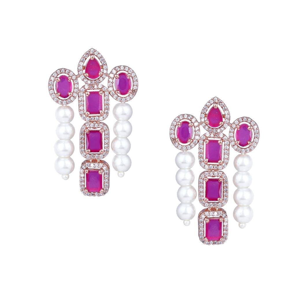 Estele Rose Gold Plated Cz Astonishing Drop Earrings With Ruby Stones & Pearls For Women : AD-772-RGRBERER