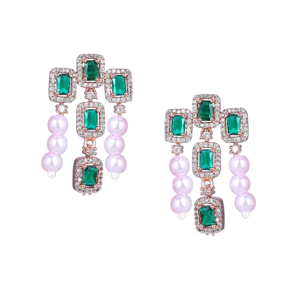 Estele Rose Gold Plated Cz Shimmering Earrings With Green Stones & Pearls For Women : AD-773-RGGNERER