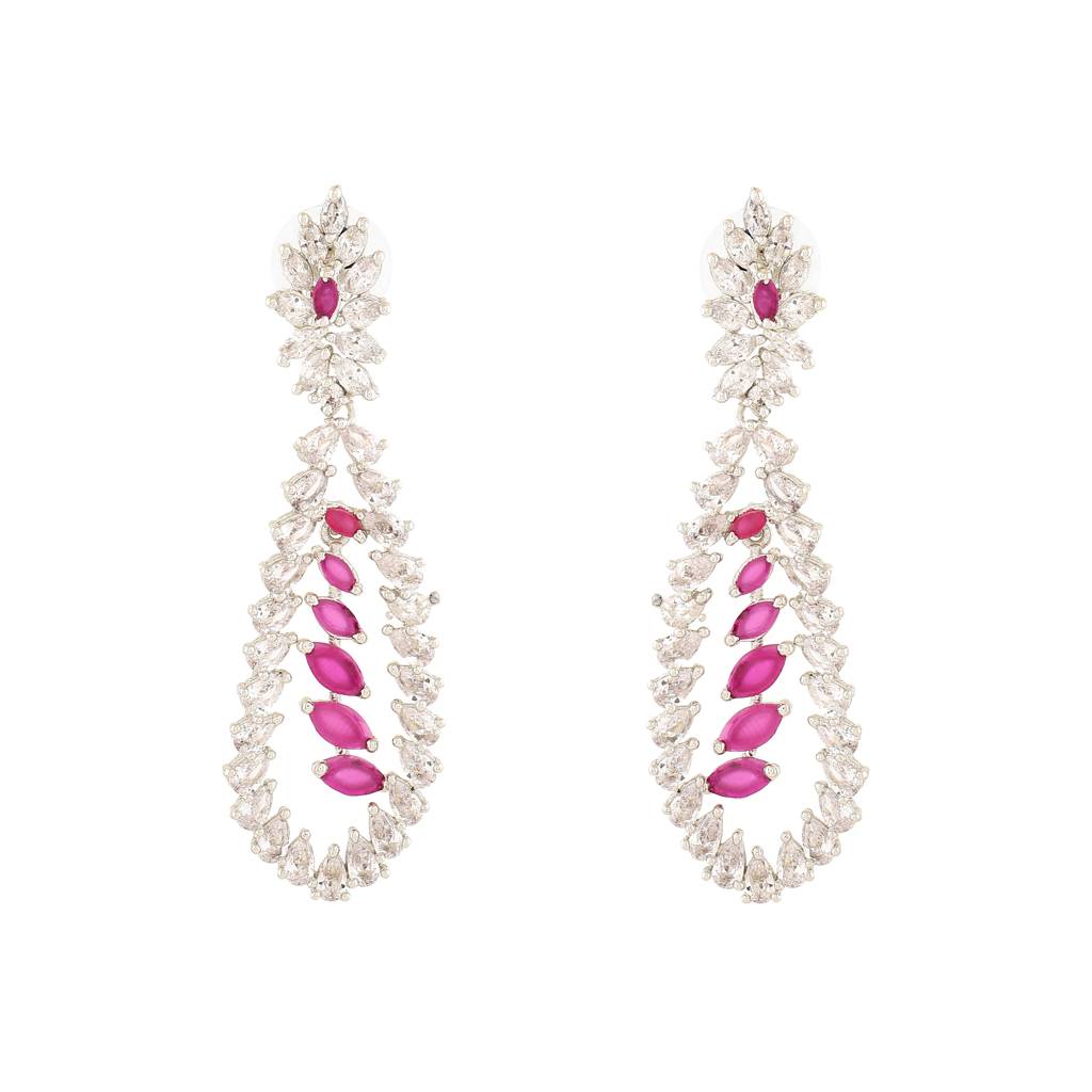 Estele Rhodium Plated Cz Shimmering Drop Designer Earrings With Ruby Stones For Women : AD-114702-IRRBER