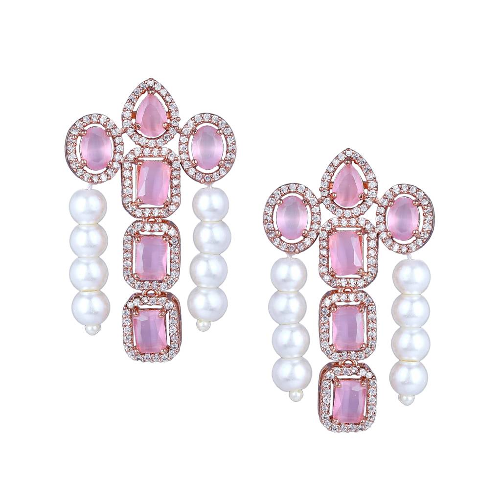 Estele Rose Gold Plated Cz Astonishing Drop Earrings With Mint Pink Stones & Pearls For Women : AD-772-RGMPERER