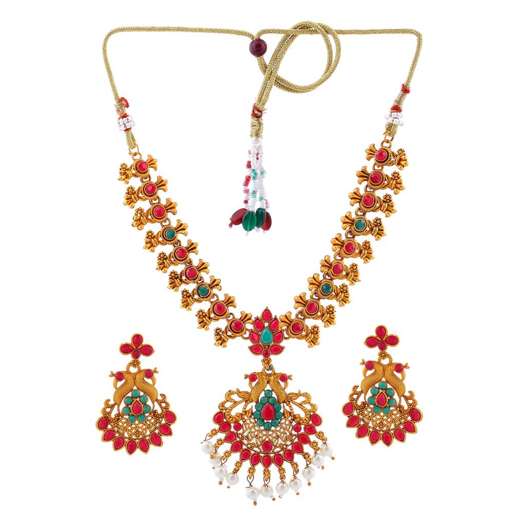 Estele Gold Plated Double Line Peacock Nakshi Temple Necklace Set With Colored Stones & Pearls For Women : OS-J01-SHVNKER