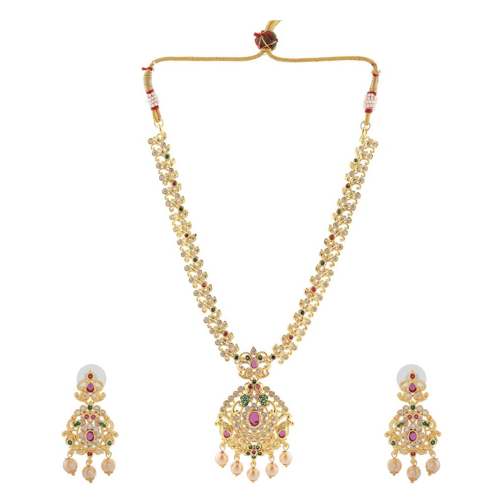 Estele Gold Plated Cz Ethnic Style Bridal Long Necklace Set With Pearls & Colored Stones For Women : AD-568-IGNKER