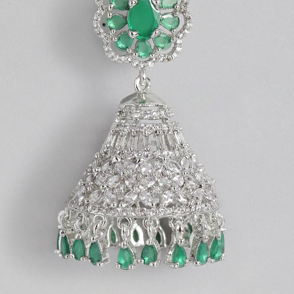 Estele Rhodium Plated Cz Flower Designer Jhumki Earrings With Green Stones For Women : AD-114711-IRGNER