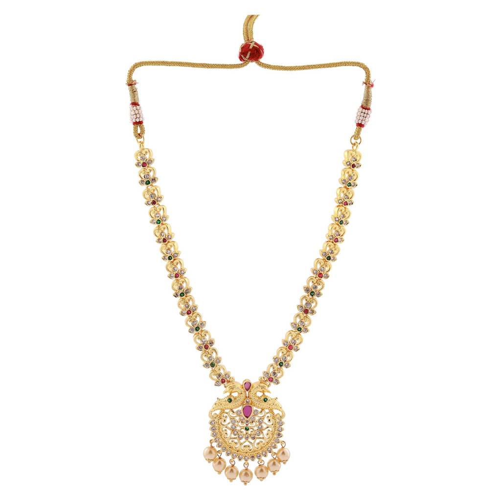Estele Gold Plated Cz Peacock Inspired Bridal Long Necklace Set With Color Stones & Pearls For Women : AD-558-IGNKER