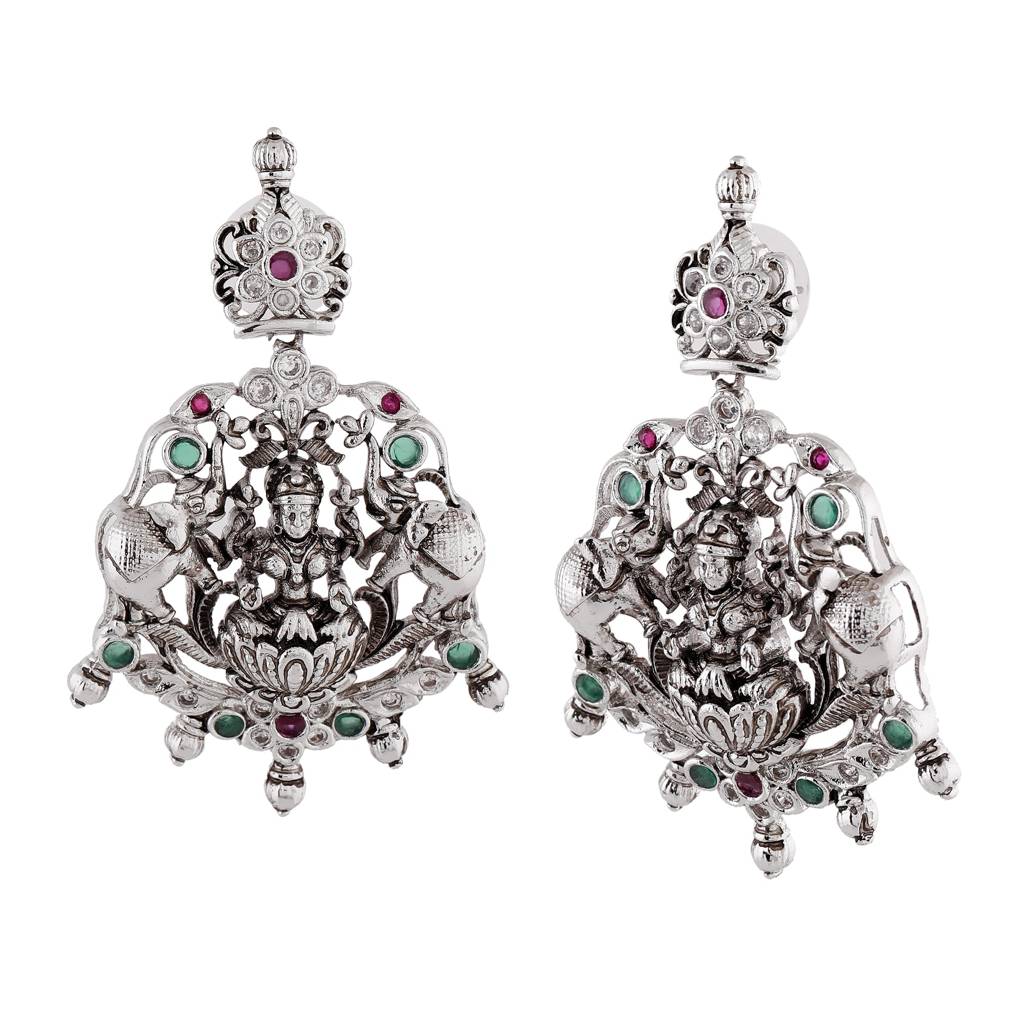 Estele Rhodium Plated Cz Lakshmi Devi Embellished With Elephants Designer Earrings For Women : AD-618-IR-ERER