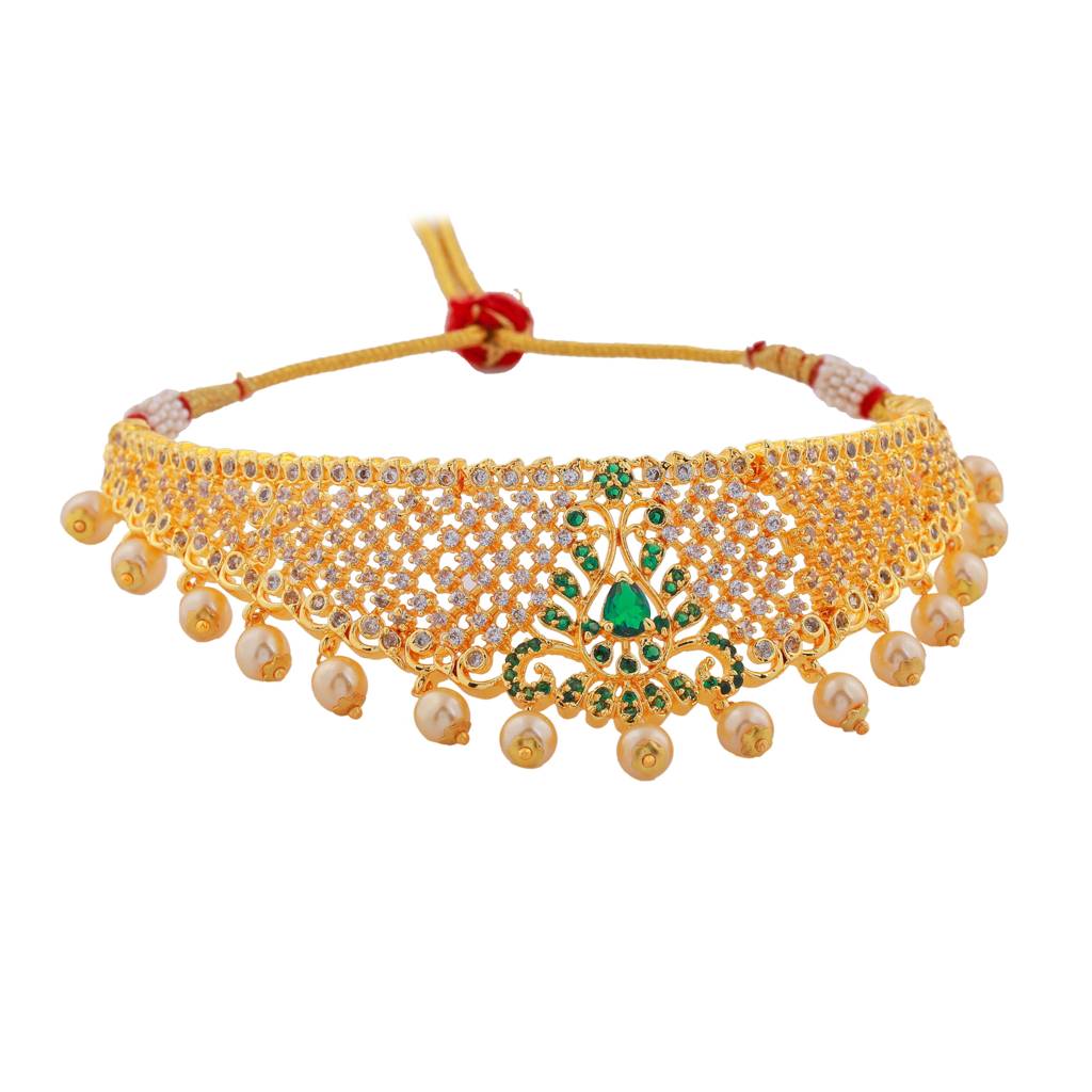 Estele Gold Plated Cz Traditional Bridal Choker Set With Pearls & Green Crystals For Women : AD-544B-IGNKER