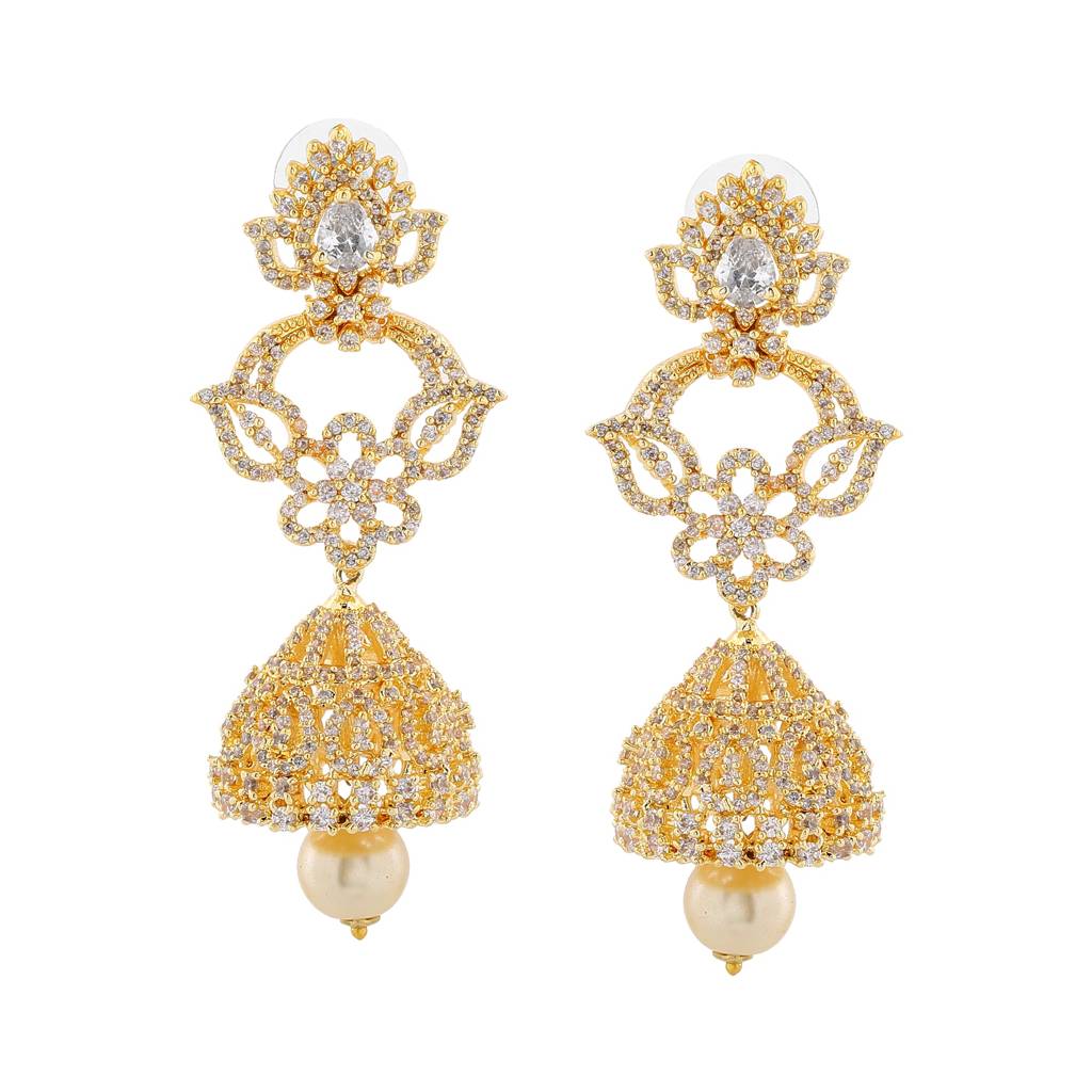 Estele Gold Plated Cz Fascinating Designer Earrings With Pearl For Women : AD-113703-IGER