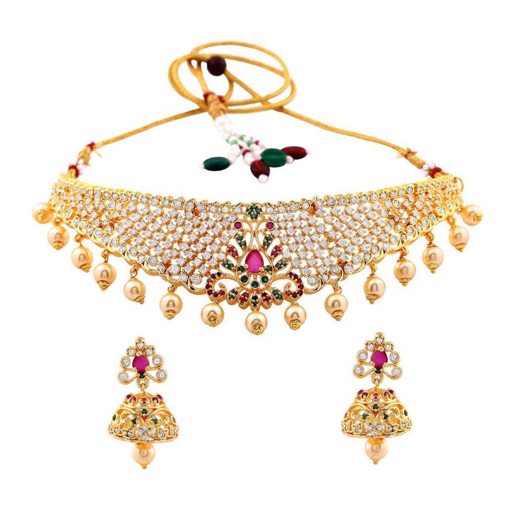 Estele Gold Plated Cz Fascinating Bridal Necklace Set With Colored Stones & Pearls : AD-544A-IGNKER