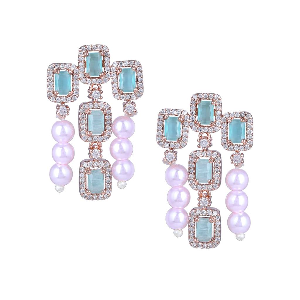 Estele Rose Gold Plated Cz Shimmering Earrings With Mint Green Stones & Pearls For Women : AD-773-RGMGERER