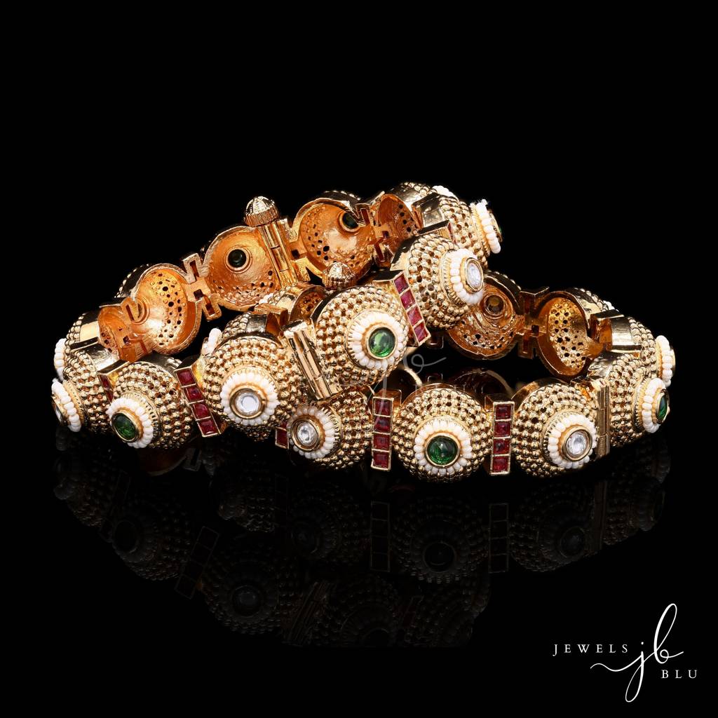 Adira Traditional Polki And Pearl Openable Kada Bangle Pair Of