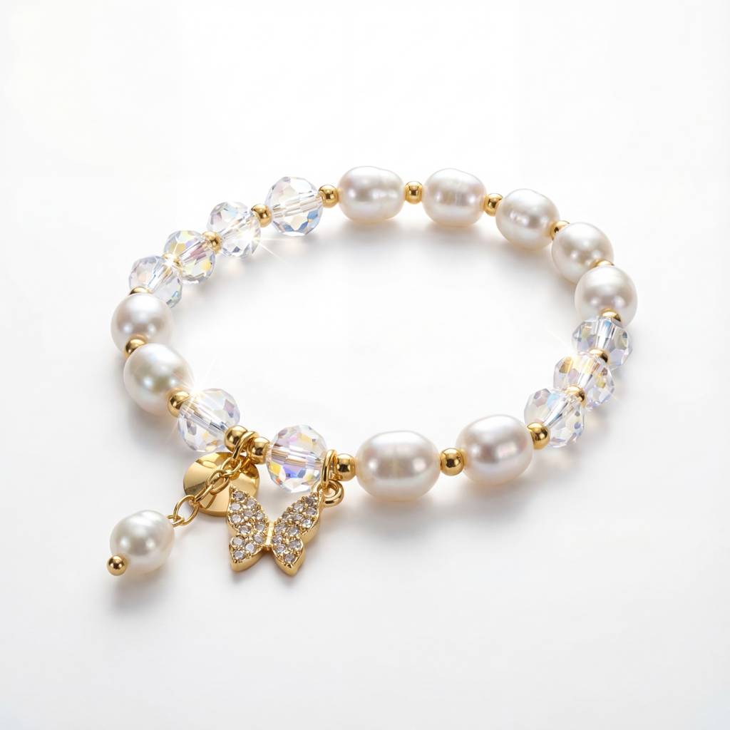 Korean Golden Glow Cultured Pearl & Crystal Butterfly Bracelet : YUFSBR212