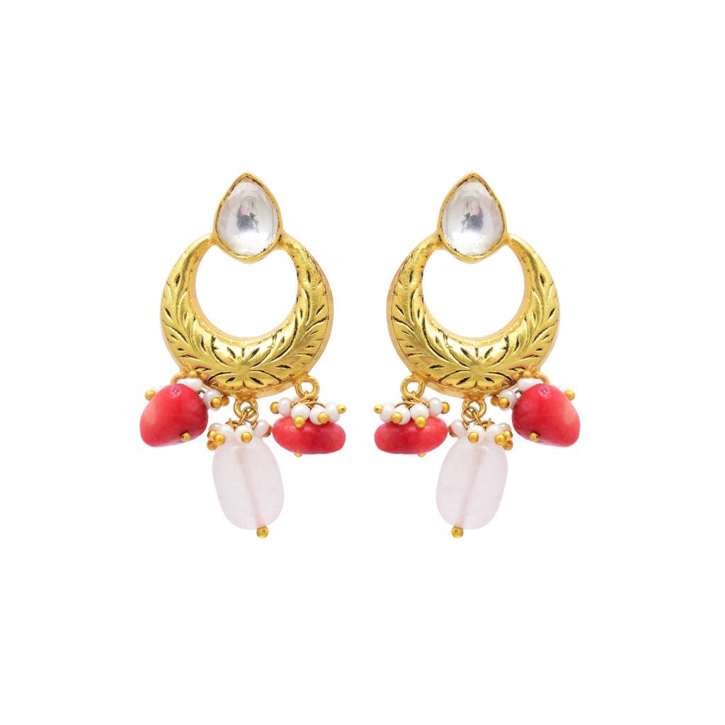 Small Chand Bali Earring With Cystal Polki And Rose Quards Ans Corol Drops : 3068