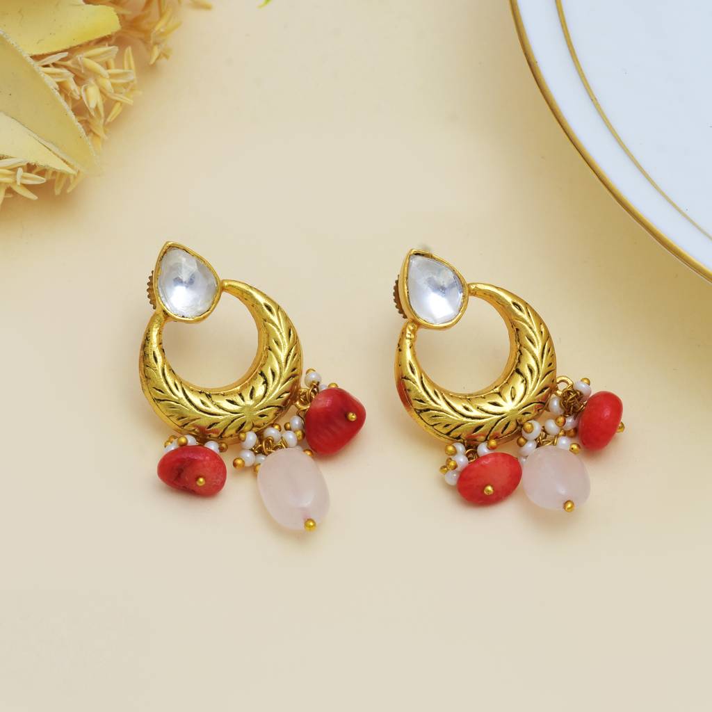 Small Chand Bali Earring With Cystal Polki And Rose Quards Ans Corol Drops : 3068