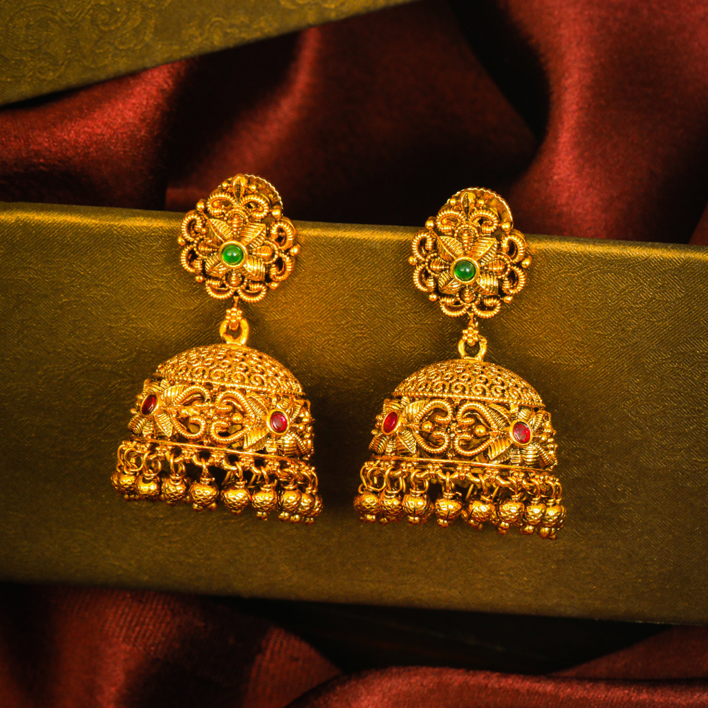 South Indian Temple Jewellery Antique Gold Bridal Jhumka Earrings : R-859