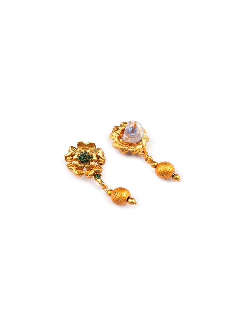 Gold Plated Multilayer Brass Mala Necklace Set With Flower Earrings : MalaGreen01