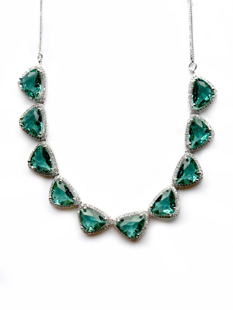 Silver Plated Bold Triangle Necklace Set With Long Earrings : AD124GREEN