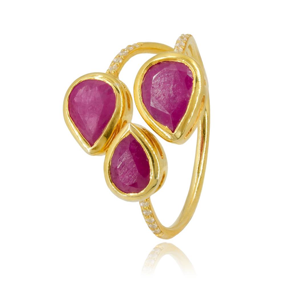 Three-Pear Ruby Adjustable Ring With Cz Accents In 18K Gold-Plated 925 Silver : RG0007