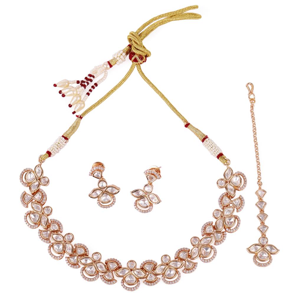 Elegant Leaf Design Uncut Kundan Stone 18 Kt Gold Plated Brass Choker Necklace Set With Maang Tikka For Women And Gi : 30NS695